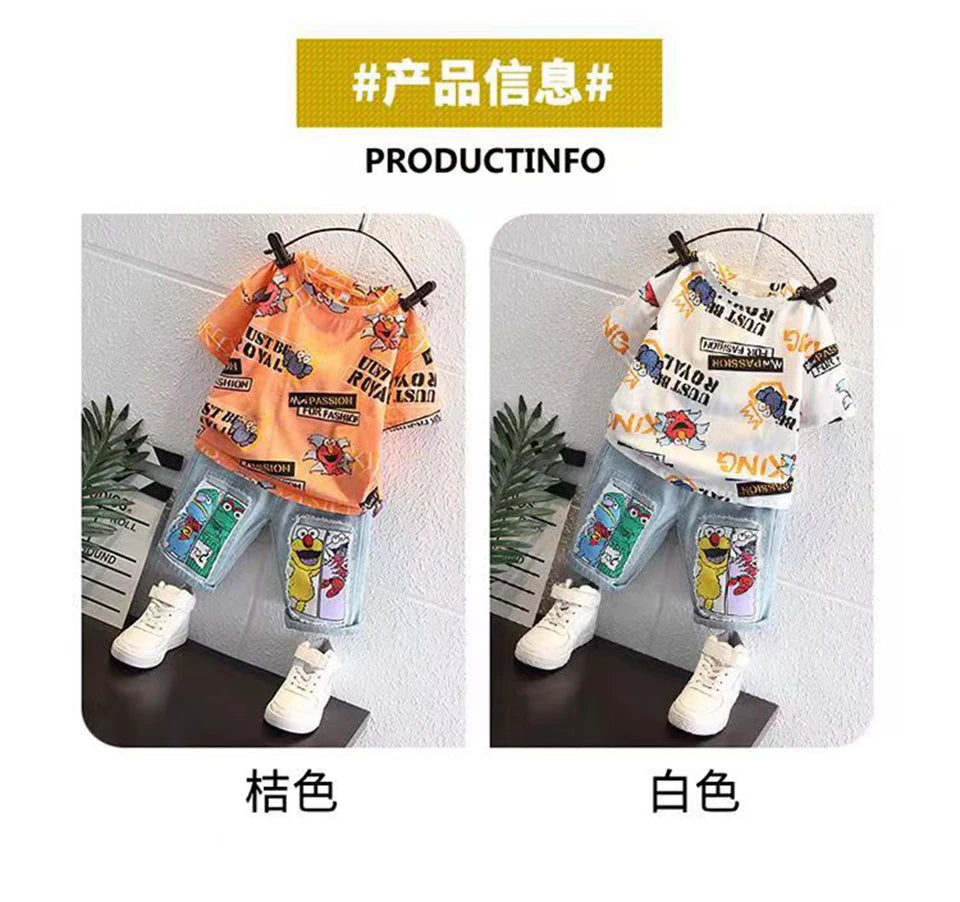2026 New Kids Clothing Set Cartoon Print Short Sleeve T-Shirt & Denim Shorts 2Pcs/Sets Casual Summer Boys Children Clothes 3-12Y