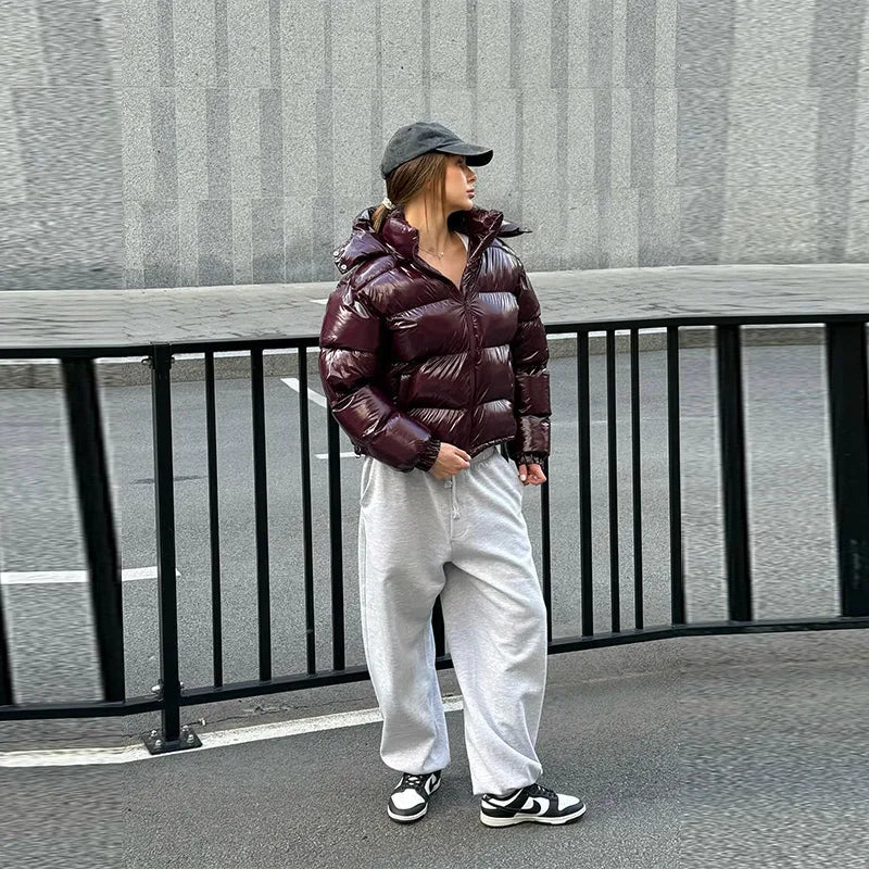 High Street Women's Glossy Zipper Hooded Coats Warm Elastic Waist Pleated Short Cotton Female Jacket 2026 Winter New Lady Outfit