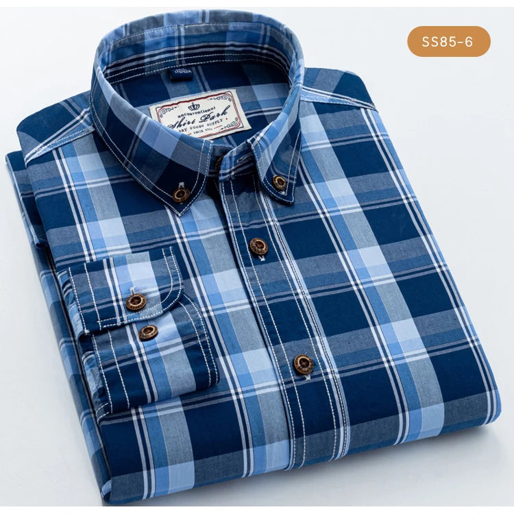 Men's 100% Cotton Plaid Long Sleeve Casual Shirt, Spring Autumn Lightweight & Breathable Slightly Slim Fit Button Down Shirts
