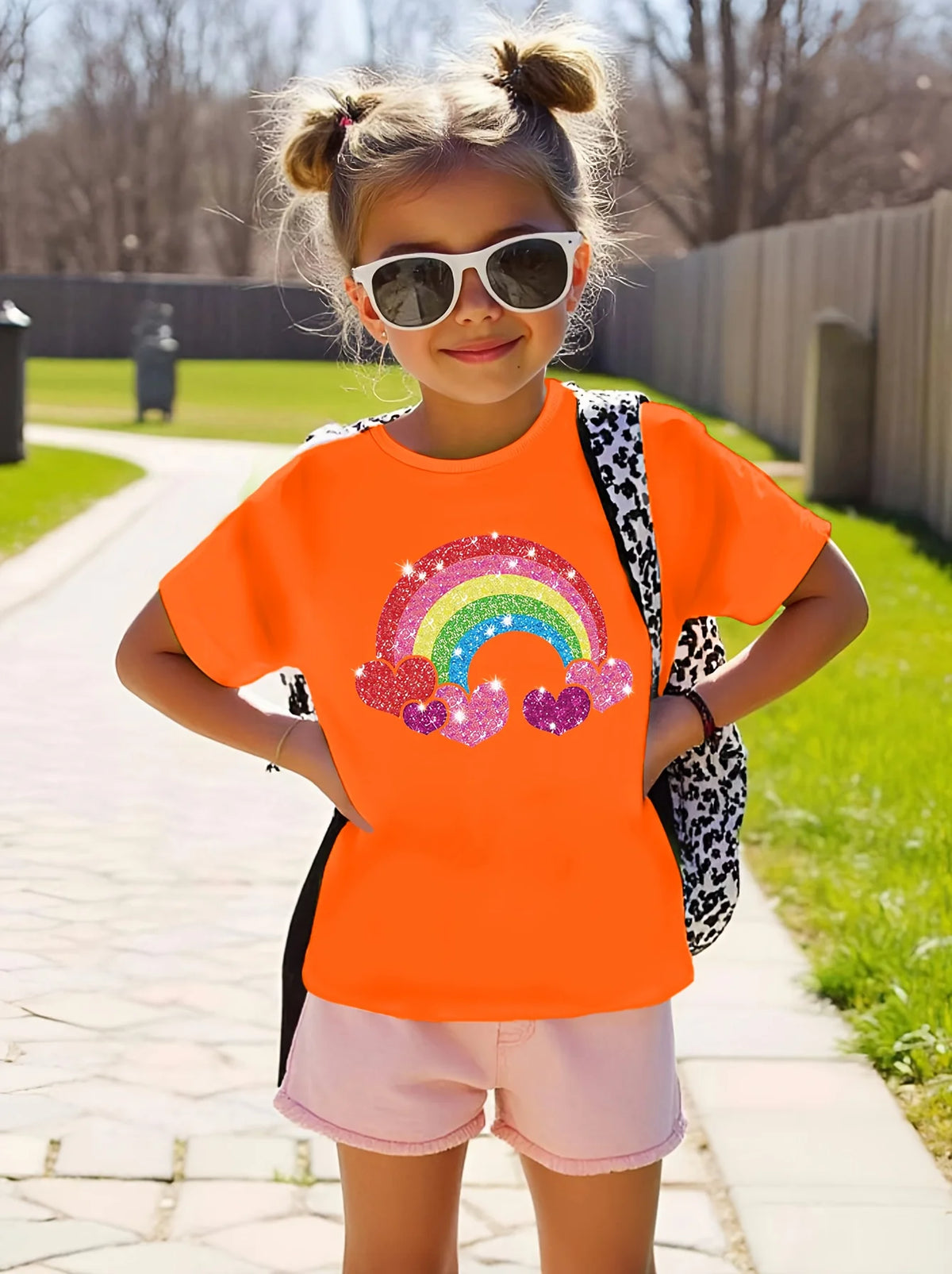 2026 Summer New Fashion Girls' Round Neck Short Sleeve Rainbow Heart Print T-Shirt Casual Summer Versatile Top Trendy Clothing