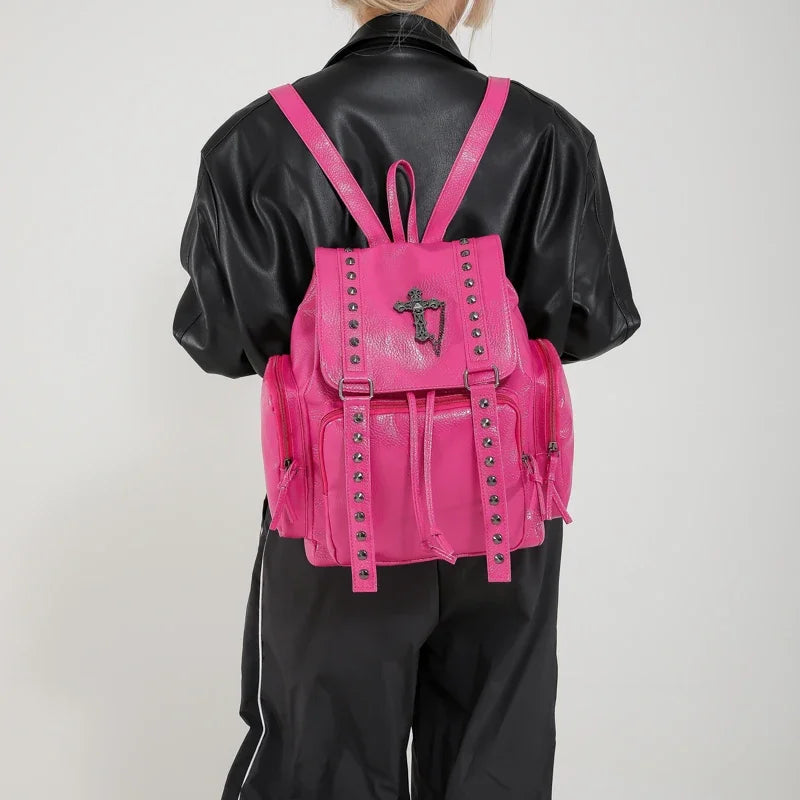 Rivet Y2K Backpack Women Gothic Punk PU Leather Shoulder Bag Ladies Vintage Harajuku Backpacks College Large Capacity School Bag