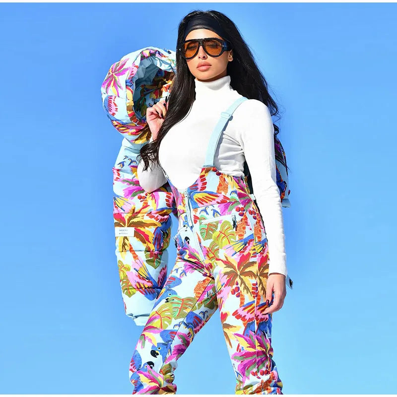 Women's Printed Hooded Ski Jackets Jumpsuit Sets Long Sleeve Zipper Short Coats Straight Leg Overalls 2026 Winter Lady Ski Suits