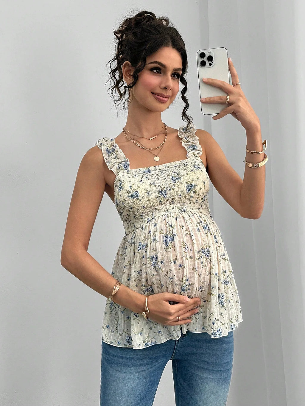 Maternity Clothing Spring and Summer New Printed Suspenders Maternity Top Square Collar A Word Maternity Vest Pregnancy Shirt