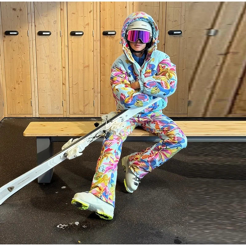 Women's Printed Hooded Ski Jackets Jumpsuit Sets Long Sleeve Zipper Short Coats Straight Leg Overalls 2026 Winter Lady Ski Suits