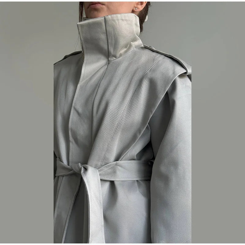 Solid Stand Collar Padded Coat Waist Tie Belt Long Cape Sleeve Button Zipper Loose Women Coats 2026 Autumn Commute Chic Outfit