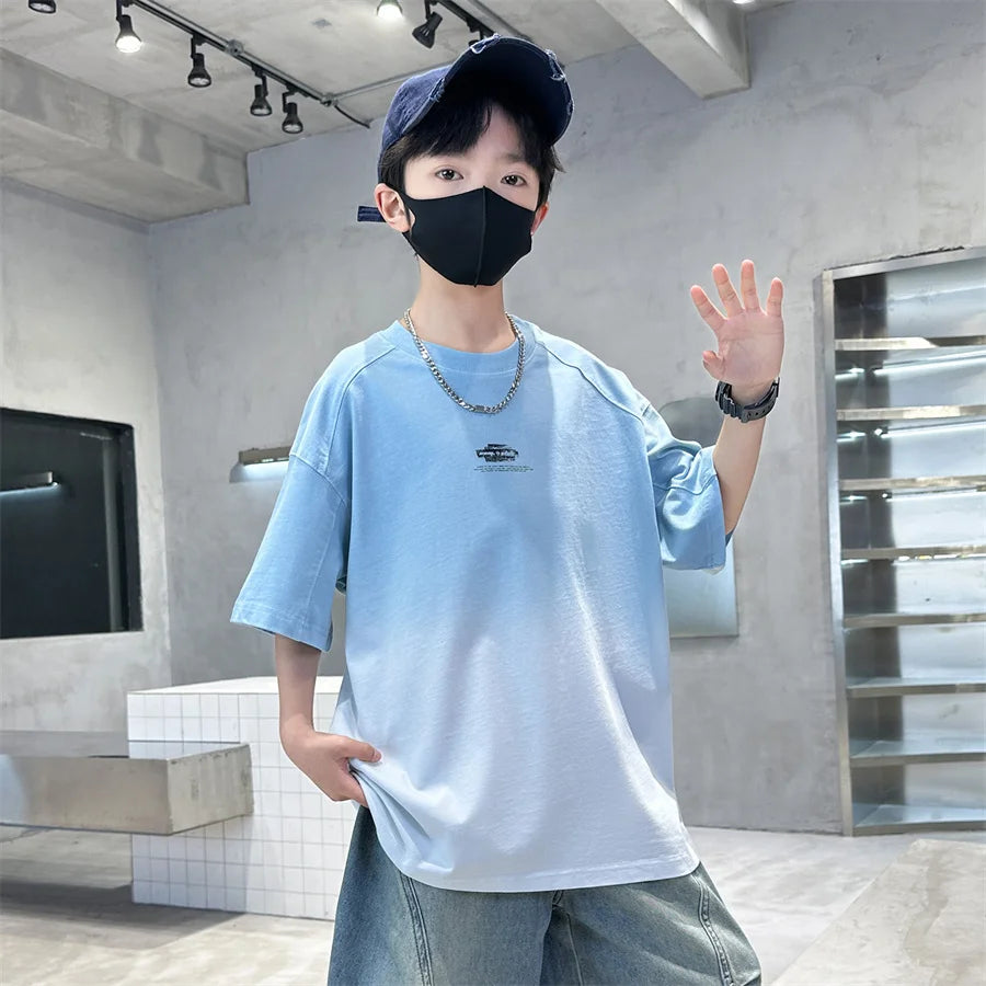 Gradient Color Kid's Fashion Summer Clothing T-shirt Tweens Child Short Sleeve Cotton Tshirt Outfit School Boy Casual Tee Tops