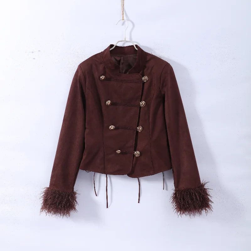 Vintage Women's Feather Patchwork Suede Short Jacket  Stand Collar Long Sleeve Double Breasted Coat 2026 Autumn Lady Jackets