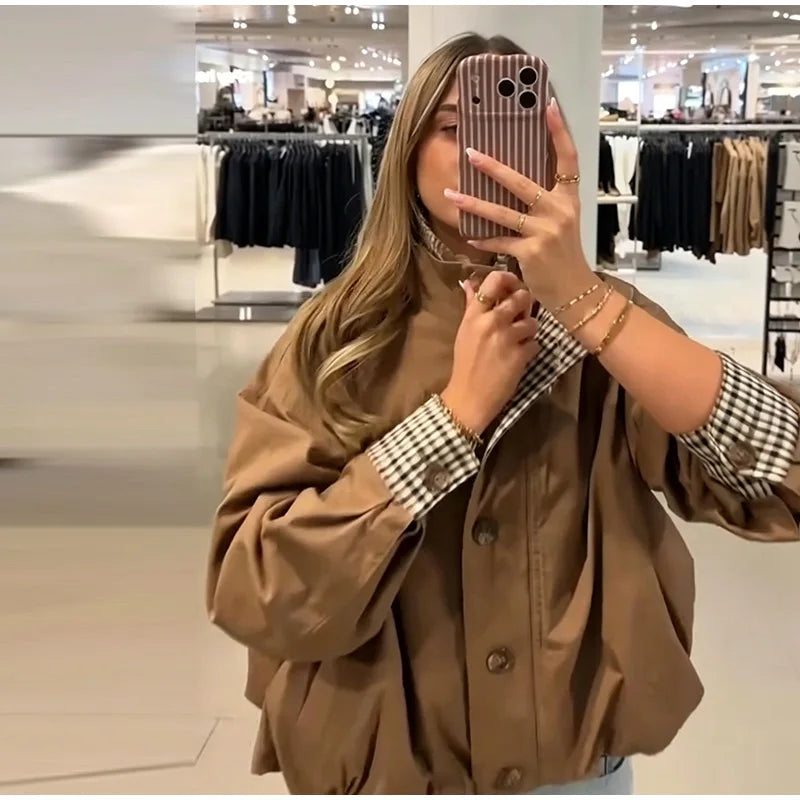 Elegant Plaid Patchwork Women's Jacket Loose Full Sleeve Stand Collar Single Breasted Outwear Female 2026 Fashion Autumn Outwear