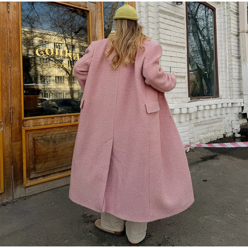 Chic Women's Woolen Overcoat Autumn Winter Solid Lapel Double Breasted Long Sleeve Long Coat 2026 Elegant Lady Street Outwear