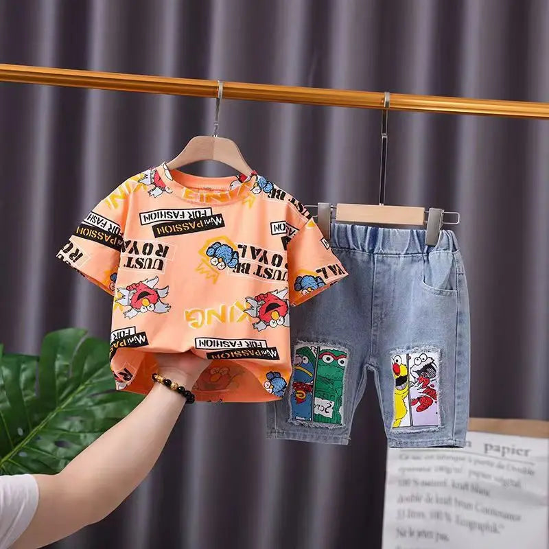 2026 New Kids Clothing Set Cartoon Print Short Sleeve T-Shirt & Denim Shorts 2Pcs/Sets Casual Summer Boys Children Clothes 3-12Y