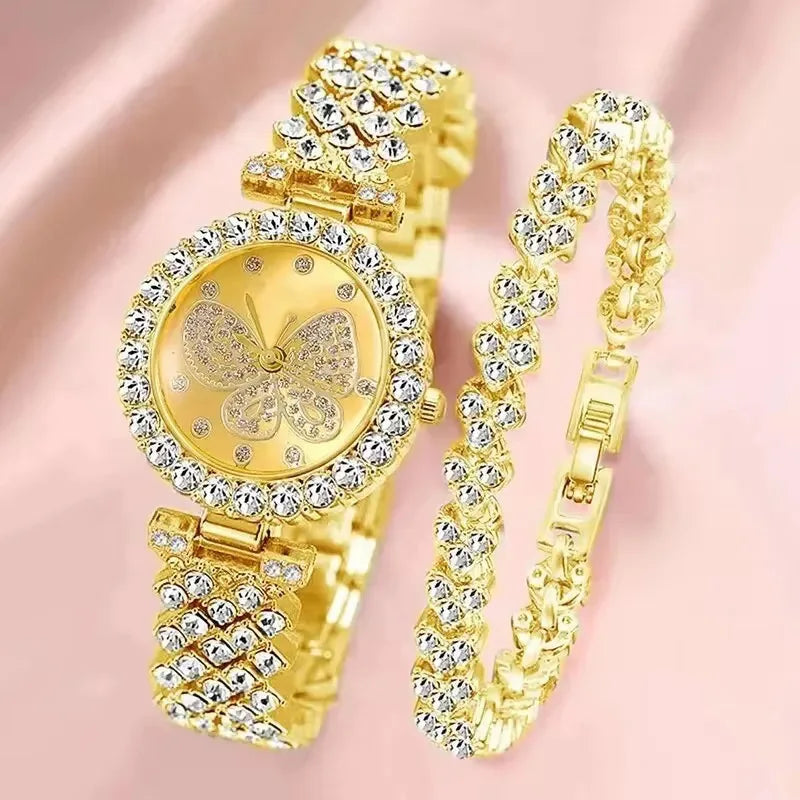 2PCS/Set Fashion Butterfly Dial Women Watches Luxury Rhinestone Quartz Wristwatch Bracelet Set