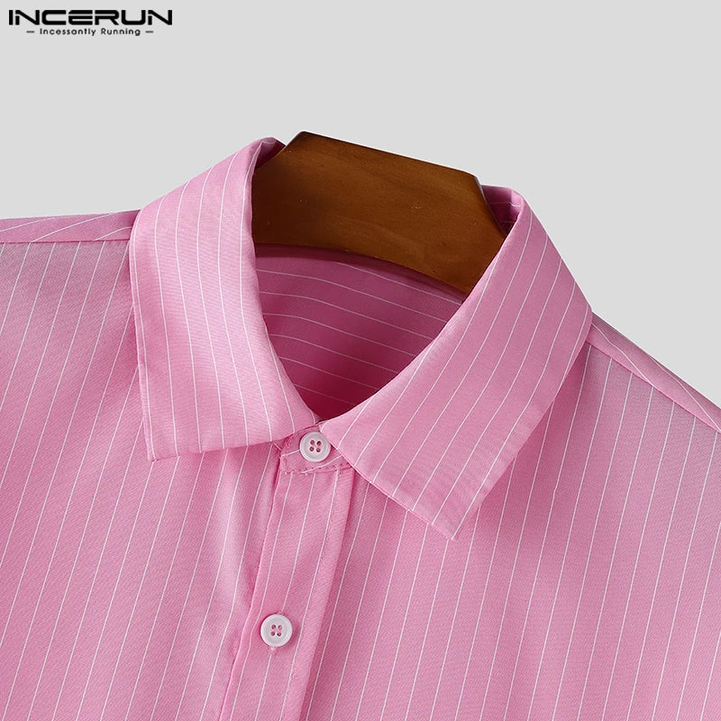 INCERUN Men Striped Shirt Lapel Long Sleeve Loose Casual Men Clothing 2025 Oversize Streetwear Spring Autumn Tops Fashion Shirts