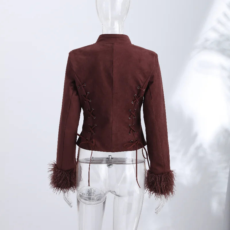 Vintage Women's Feather Patchwork Suede Short Jacket  Stand Collar Long Sleeve Double Breasted Coat 2026 Autumn Lady Jackets