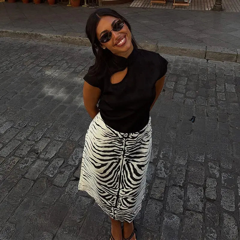 Chic Women Black White Zebra Print Midi Pencil Skirt High Waist Front Split Straight Chic Streetwear 2026 Autumn Summer Bottoms