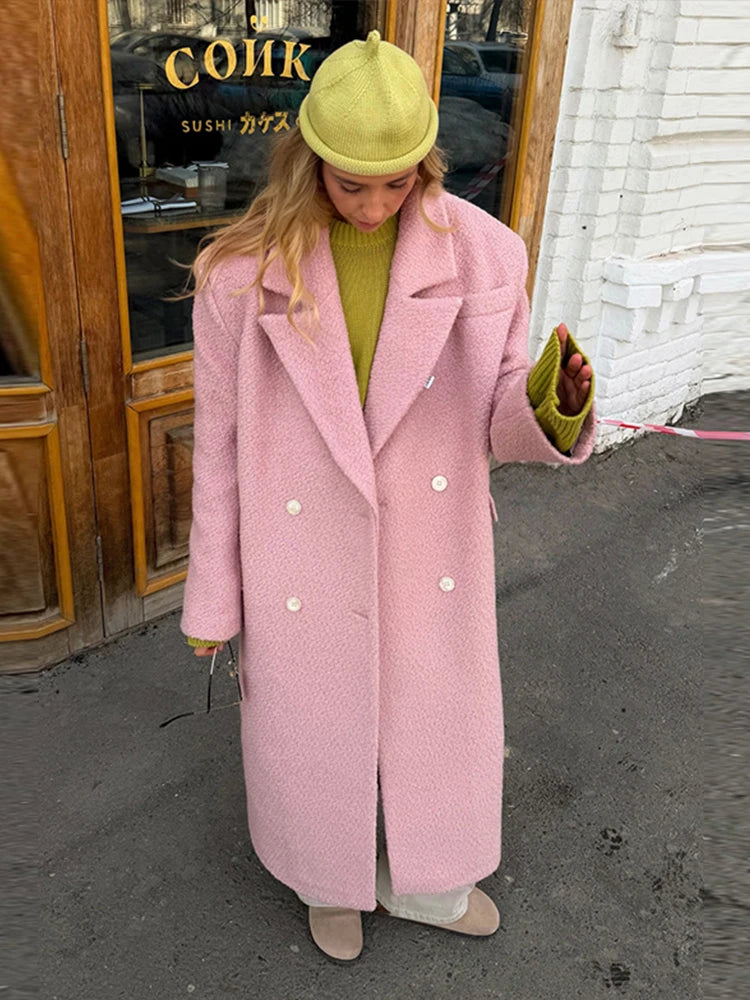 Chic Women's Woolen Overcoat Autumn Winter Solid Lapel Double Breasted Long Sleeve Long Coat 2026 Elegant Lady Street Outwear