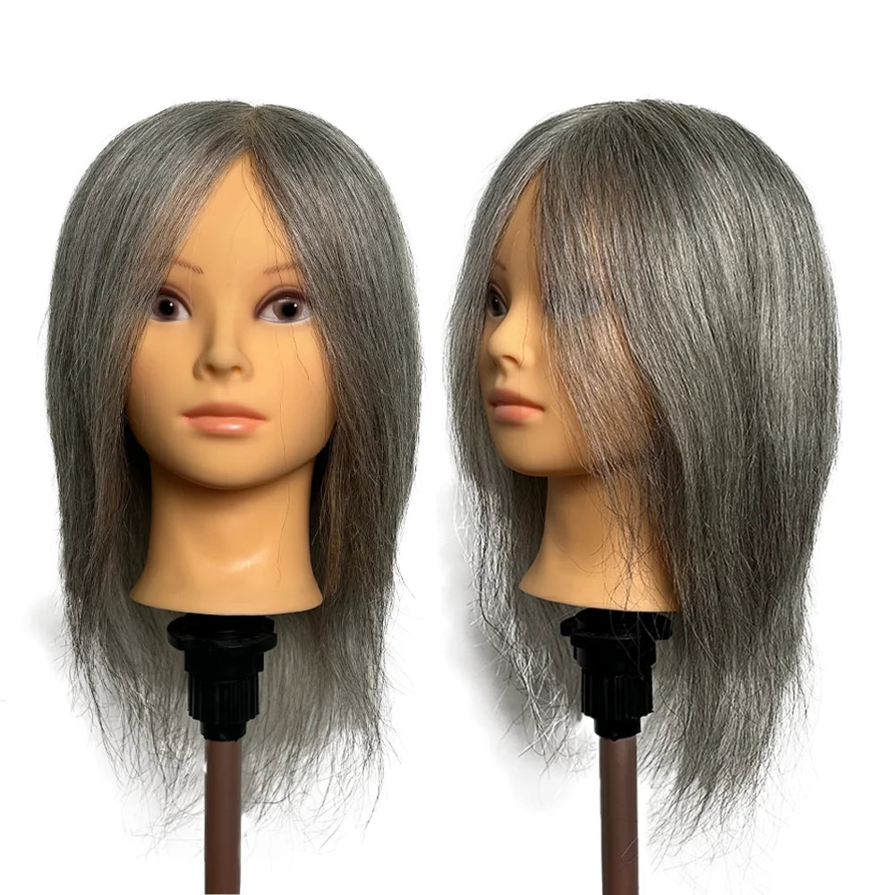 12 Inch 100% Human Hair Silver Grey Mannequin Head Perm Dye Cut Styling Training Head for Hairdresser Practice