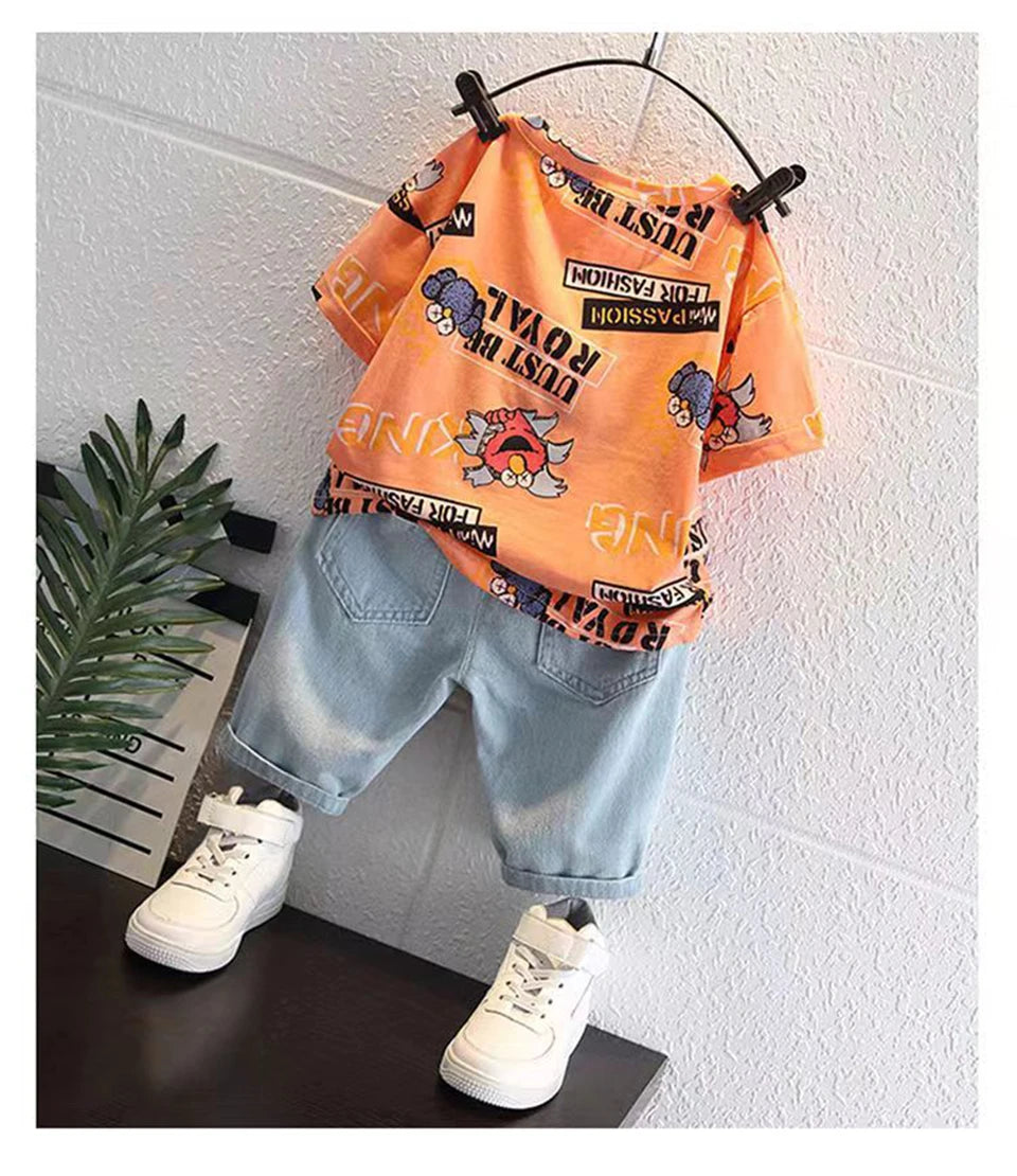 2026 New Kids Clothing Set Cartoon Print Short Sleeve T-Shirt & Denim Shorts 2Pcs/Sets Casual Summer Boys Children Clothes 3-12Y