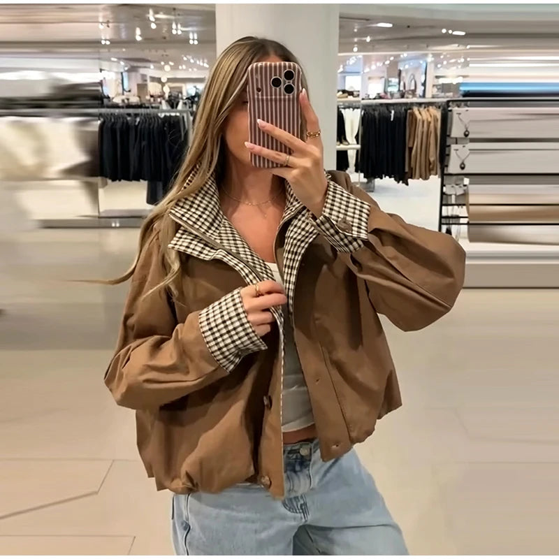 Elegant Plaid Patchwork Women's Jacket Loose Full Sleeve Stand Collar Single Breasted Outwear Female 2026 Fashion Autumn Outwear