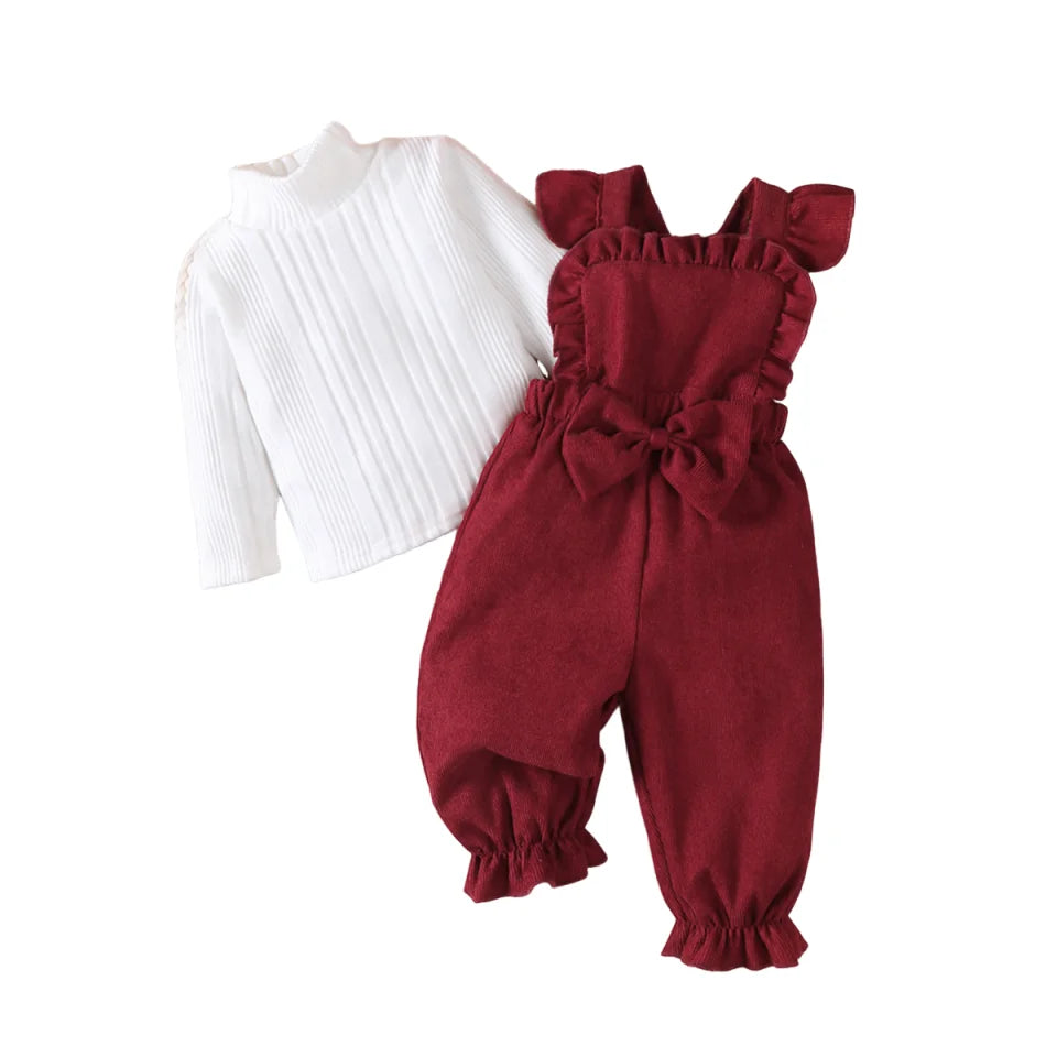Baby Girl Christmas 2Pcs Outfit Set Sweet Top Ruffle Bow Suspender Jumpsuit Pants Autumn Winter Baby Clothing for 0‑18 Months