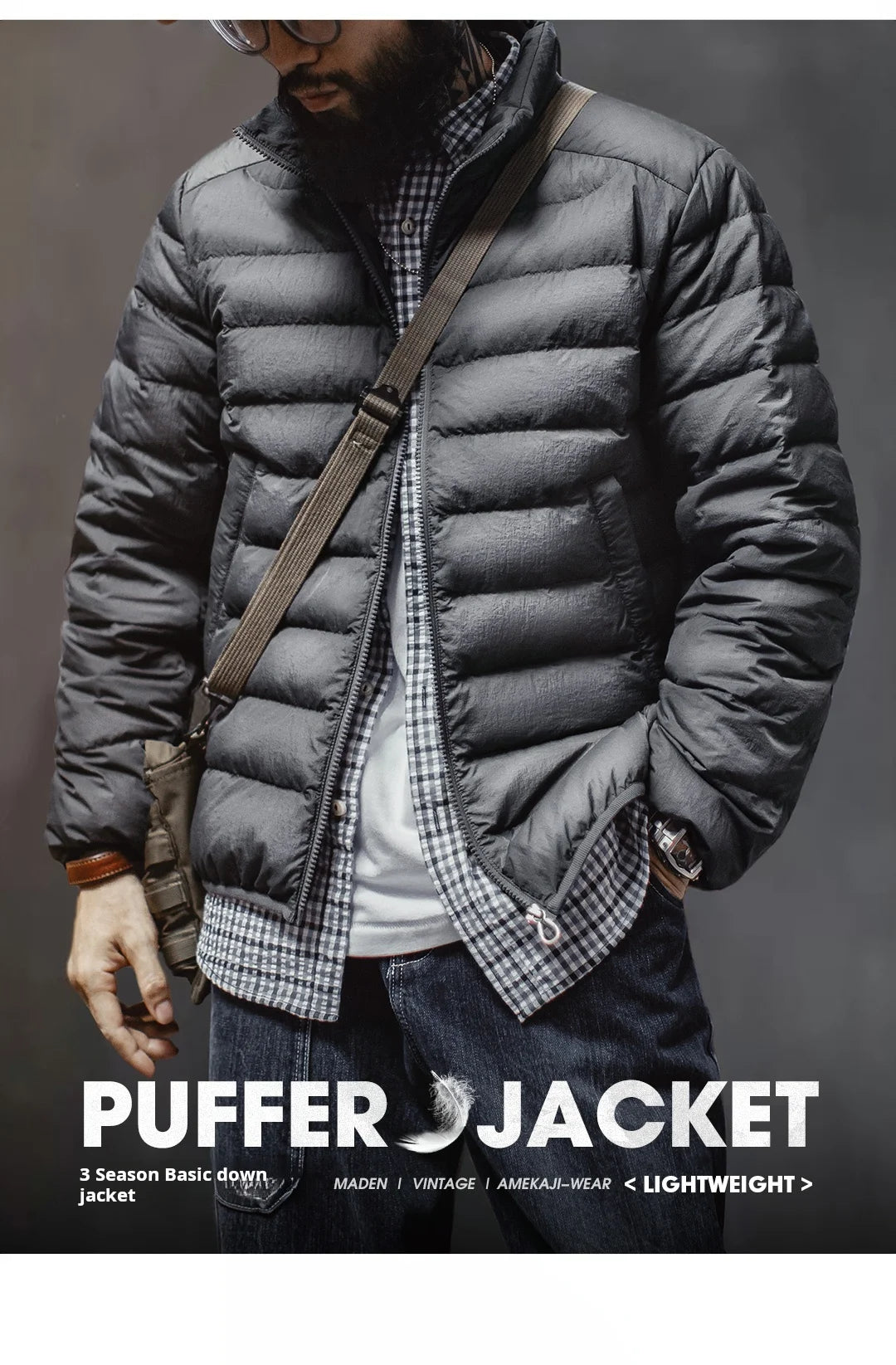 Maden Winter Men's Stand-up Collar Down Jacket Lightweight Hydrophobic White Duck Down Filling Coat Warm Inner Layer for Fall