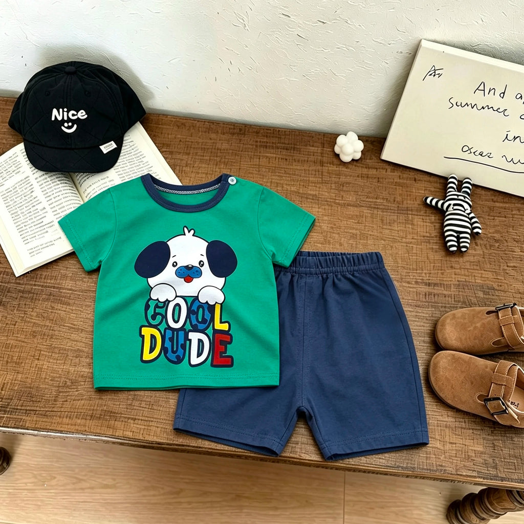 New Kids Short-sleeved Suits Cartoon Print Tshirt +Shorts Two Piece Set Summer Clothing Lovely Tees Loose Shorts 2Piece Suit