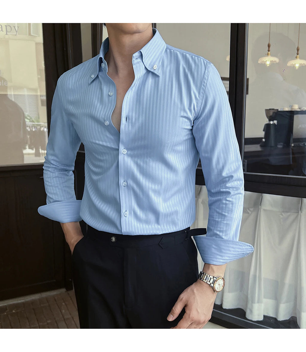 High-quality autumn men's new long-sleeve dark striped slim-fit shirt business casual formal workwear M-4XL