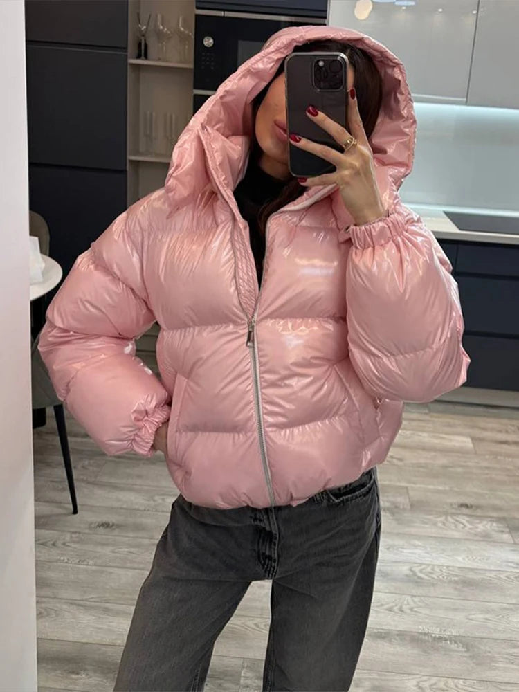 Chic Glossy Zipper Hooded Coat Women's Warm Elastic Waist Pleated Cropped Puffer Jacket 2026 Winter New Lady High Street Outwear