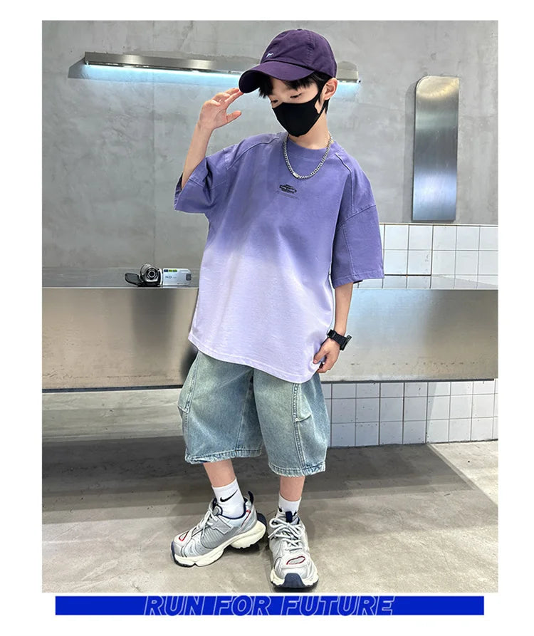 Gradient Color Kid's Fashion Summer Clothing T-shirt Tweens Child Short Sleeve Cotton Tshirt Outfit School Boy Casual Tee Tops