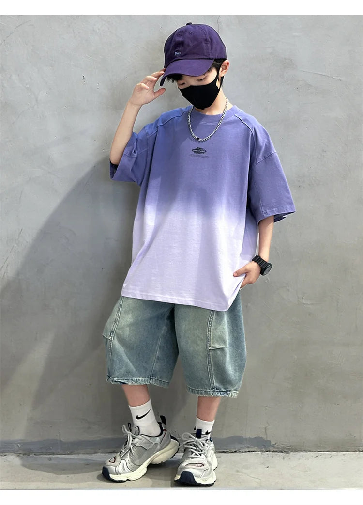 Gradient Color Kid's Fashion Summer Clothing T-shirt Tweens Child Short Sleeve Cotton Tshirt Outfit School Boy Casual Tee Tops