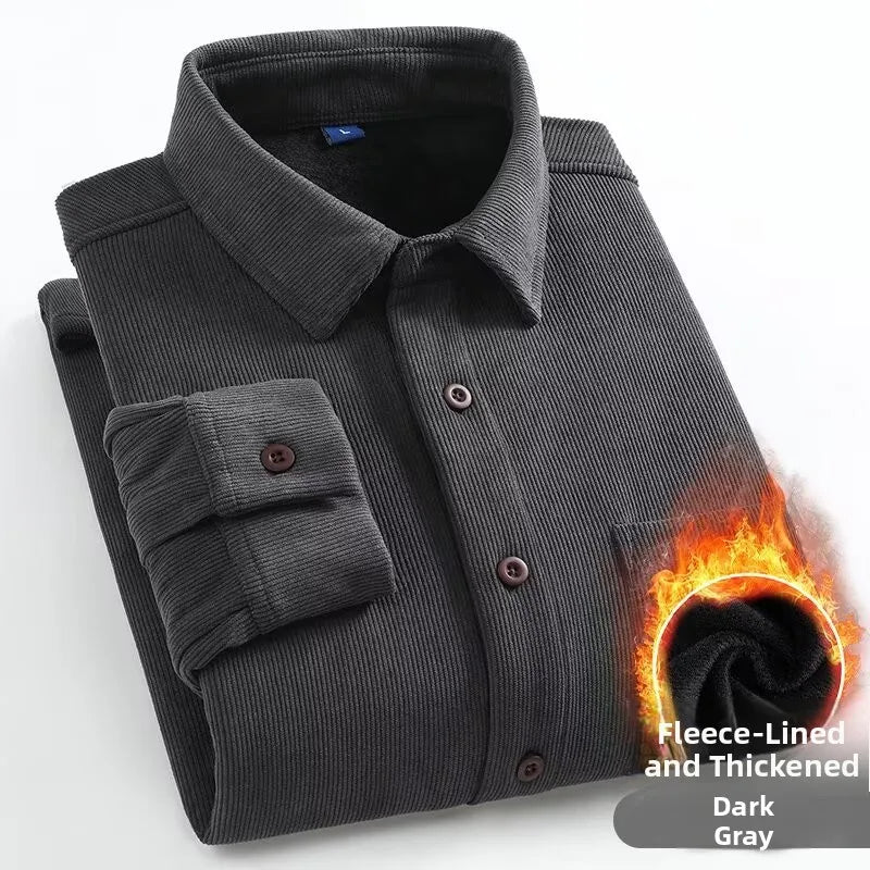 Men's Fleece Lined Long Sleeve Shirt Thick Warm Casual Corduroy Outerwear Trendy Pure Color Breathable Youthful Style Standar...