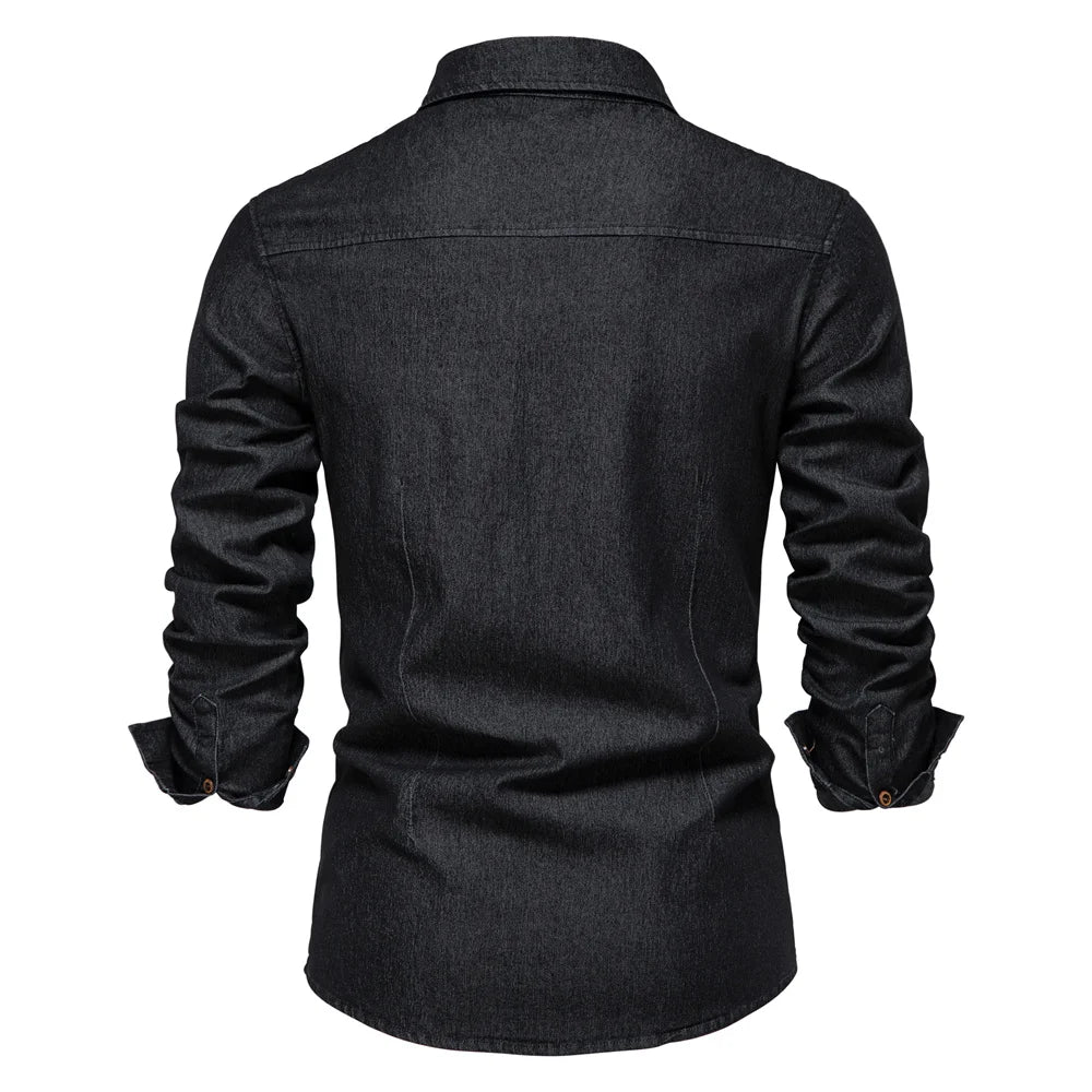 AIOPESON Elastic Cotton Denim Shirt Men Long Sleeve Quality Cowboy Shirts for Men Casual Slim Fit Jeans Men Shirts