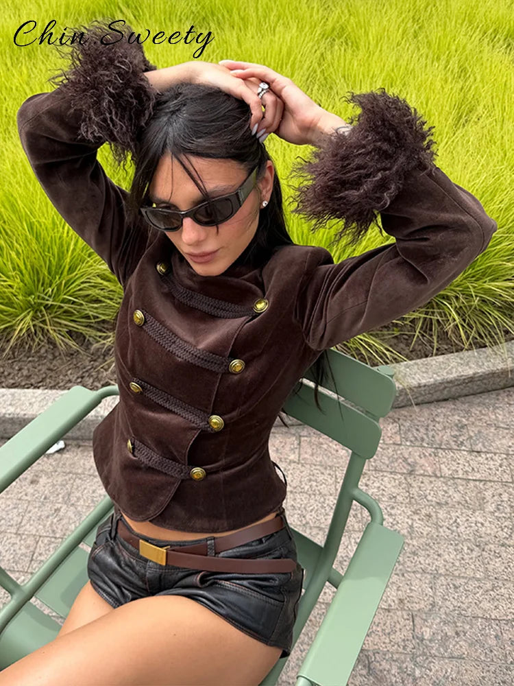 Vintage Women's Feather Patchwork Suede Short Jacket  Stand Collar Long Sleeve Double Breasted Coat 2026 Autumn Lady Jackets