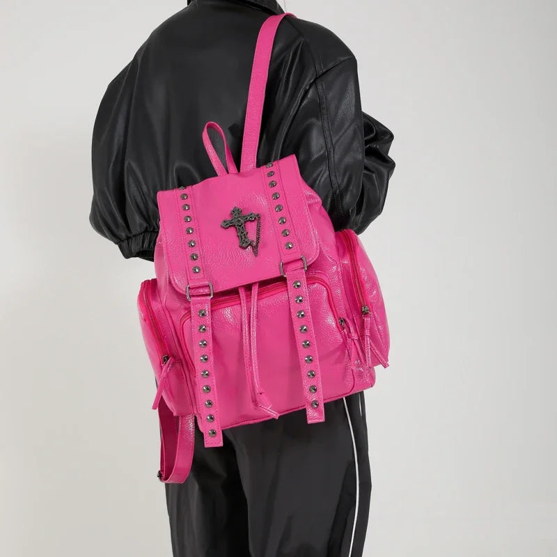 Rivet Y2K Backpack Women Gothic Punk PU Leather Shoulder Bag Ladies Vintage Harajuku Backpacks College Large Capacity School Bag
