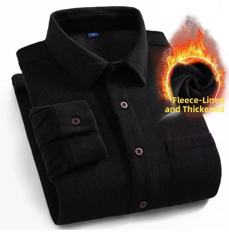 Men's Fleece Lined Long Sleeve Shirt Thick Warm Casual Corduroy Outerwear Trendy Pure Color Breathable Youthful Style Standar...