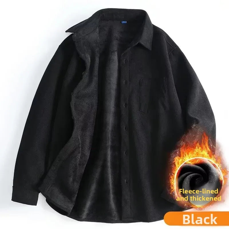 Men's Fleece Lined Long Sleeve Shirt Thick Warm Casual Corduroy Outerwear Trendy Pure Color Breathable Youthful Style Standar...