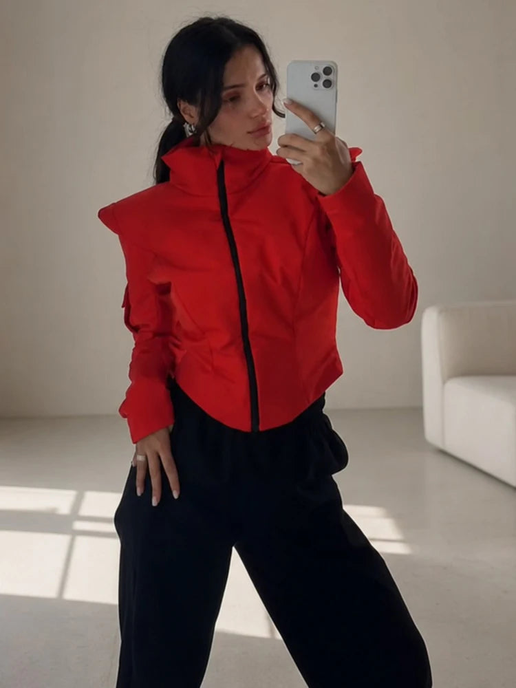 Women Sporty Cropped Padded Jacket Stand Collar Zip‑Up Shoulder Pad Long Sleeve Slim Fit Warm Coat Casual Chic Ladies Outerwear