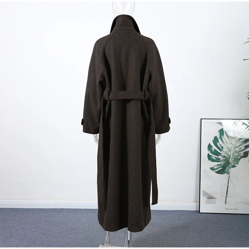 Chic Women's Woolen Overcoat Autumn Winter Solid Lapel Double Breasted Long Sleeve Long Coat 2026 Elegant Lady Street Outwear
