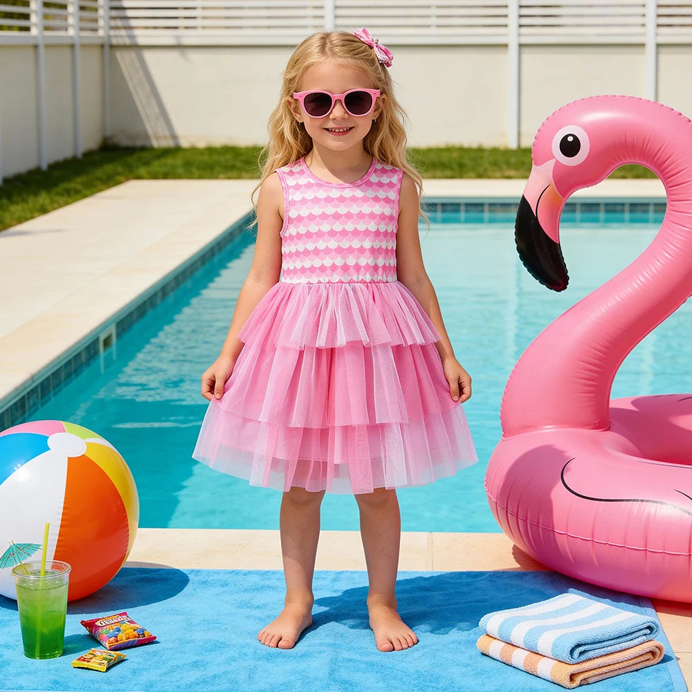 DXTON Sleeveless Princess Pink Dress Summer Holiday Baby Girls Costume Cake Mesh Girls Layered Dress Elastic Toddler Clothing