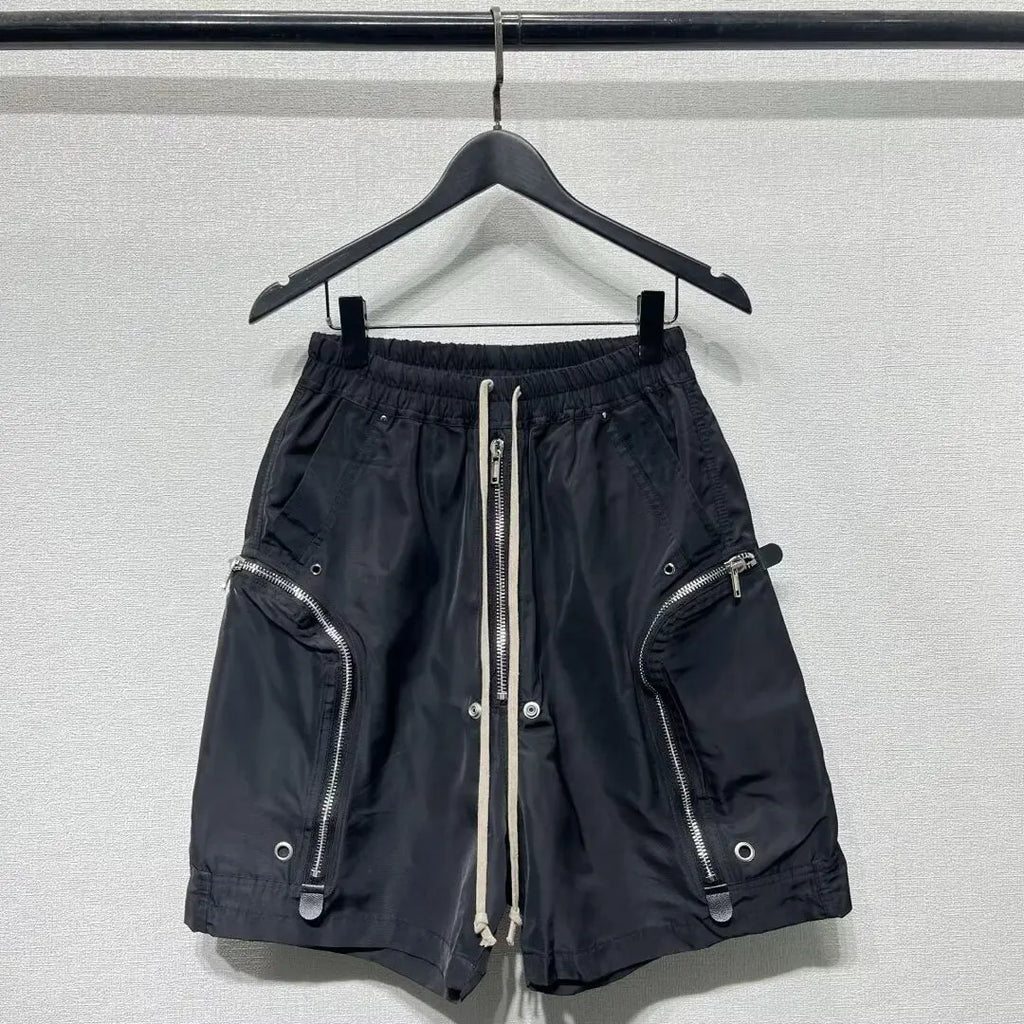 Men's Techwear Cargo Shorts Multi-Zipper Pocket Elastic Waist Drawstring Streetwear Casual Shorts