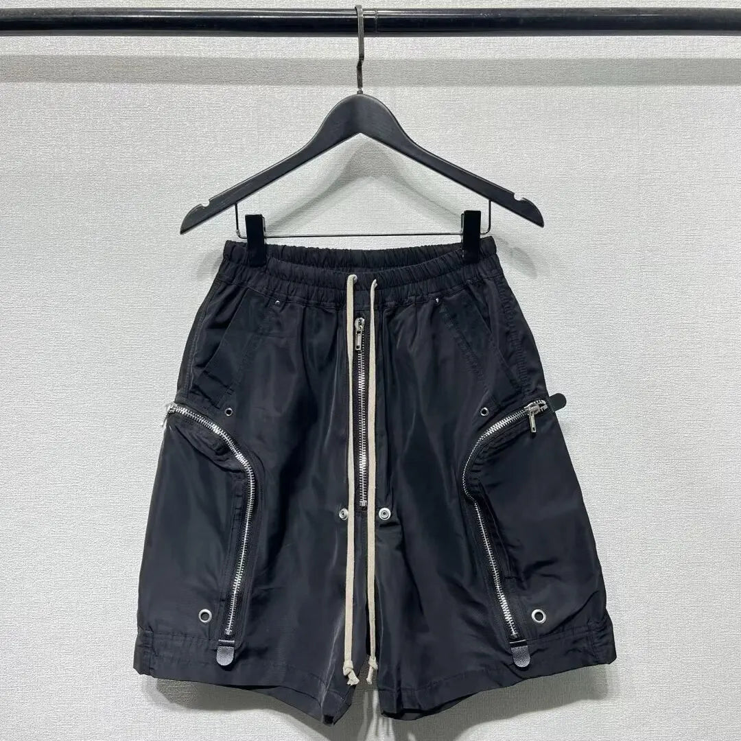 Men's Techwear Cargo Shorts Multi-Zipper Pocket Elastic Waist Drawstring Streetwear Casual Shorts