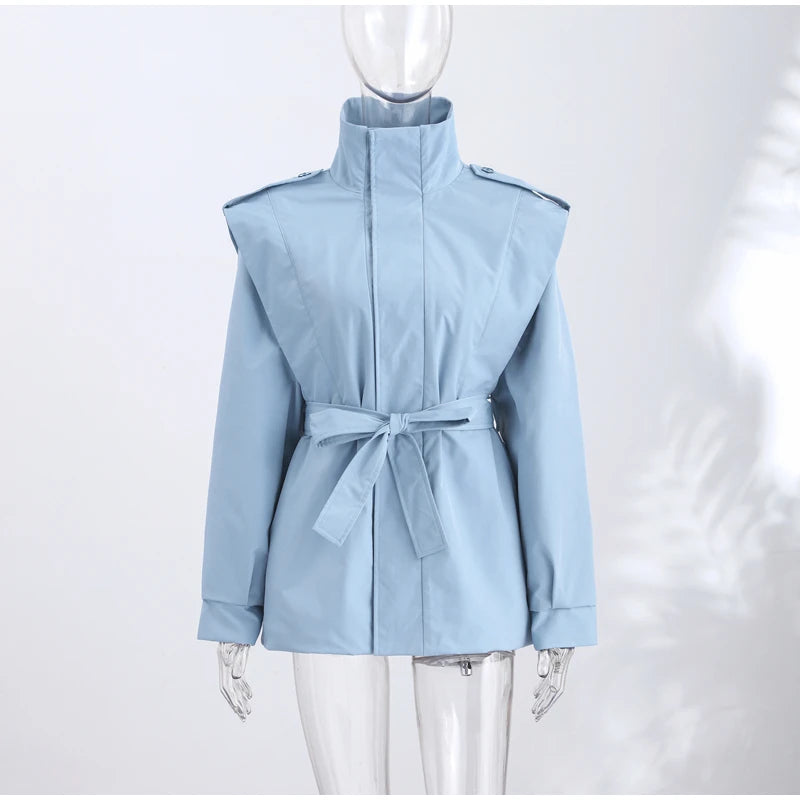 Solid Stand Collar Padded Coat Waist Tie Belt Long Cape Sleeve Button Zipper Loose Women Coats 2026 Autumn Commute Chic Outfit