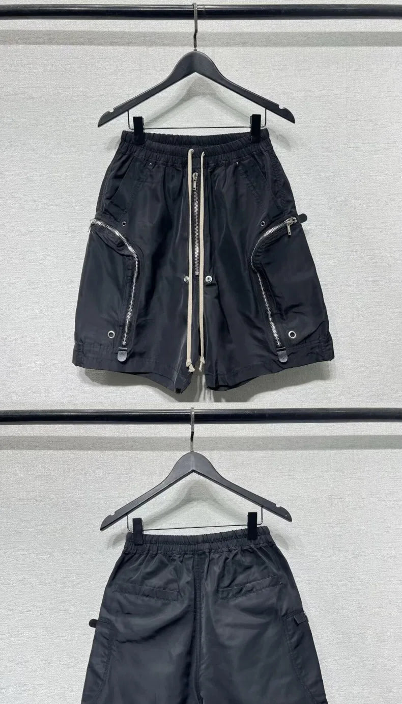 Men's Techwear Cargo Shorts Multi-Zipper Pocket Elastic Waist Drawstring Streetwear Casual Shorts