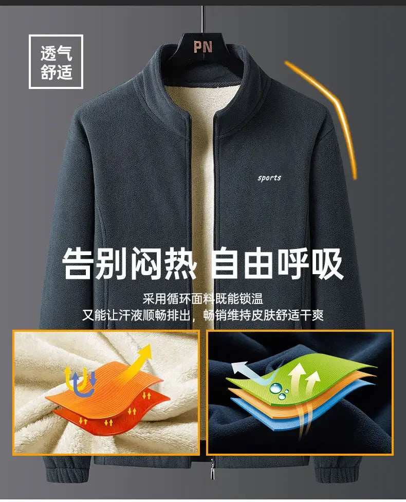 2025 Men's Polar Fleece Stand Collar Jacket Winter Velvet Thickeneded Fleece Warm Jacket