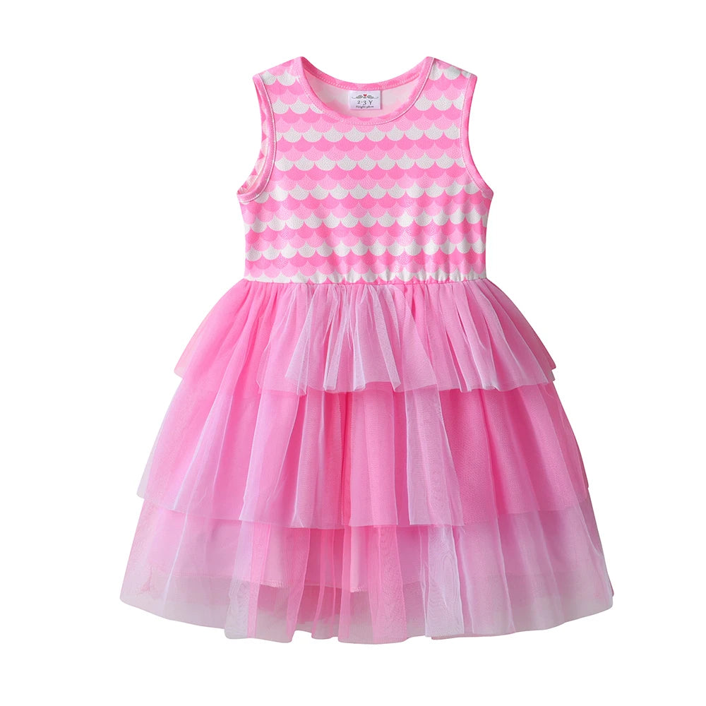 DXTON Sleeveless Princess Pink Dress Summer Holiday Baby Girls Costume Cake Mesh Girls Layered Dress Elastic Toddler Clothing
