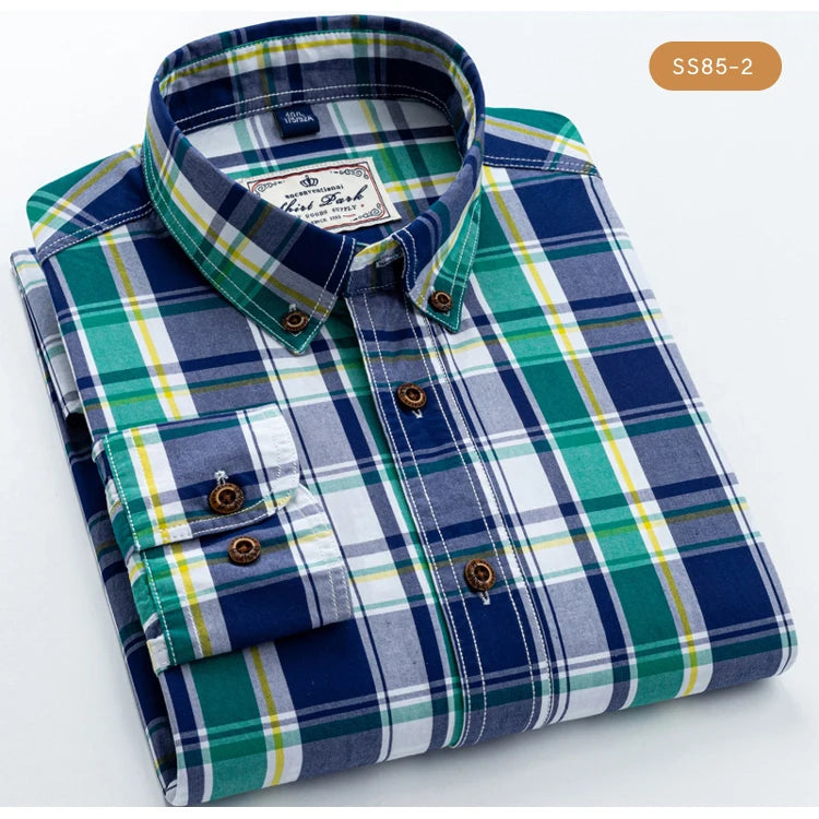 Men's 100% Cotton Plaid Long Sleeve Casual Shirt, Spring Autumn Lightweight & Breathable Slightly Slim Fit Button Down Shirts