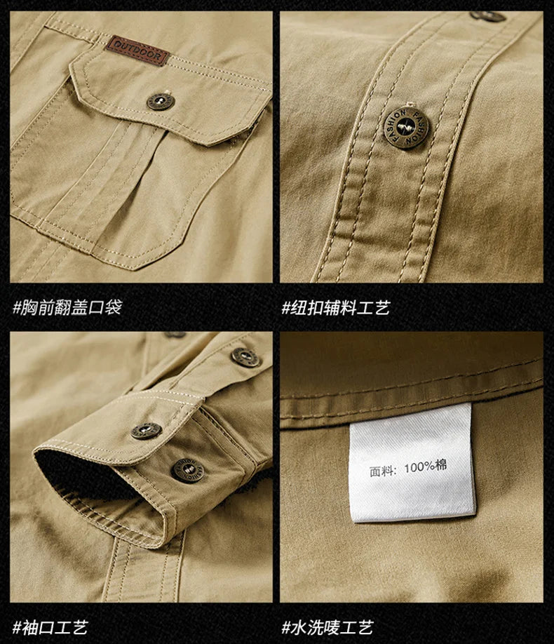 Business Military Shirts Men Tactics Long Sleeve Spring Autumn 100% Cotton Vintage Multi-pocket Cargo Shirts Menswear Clothing