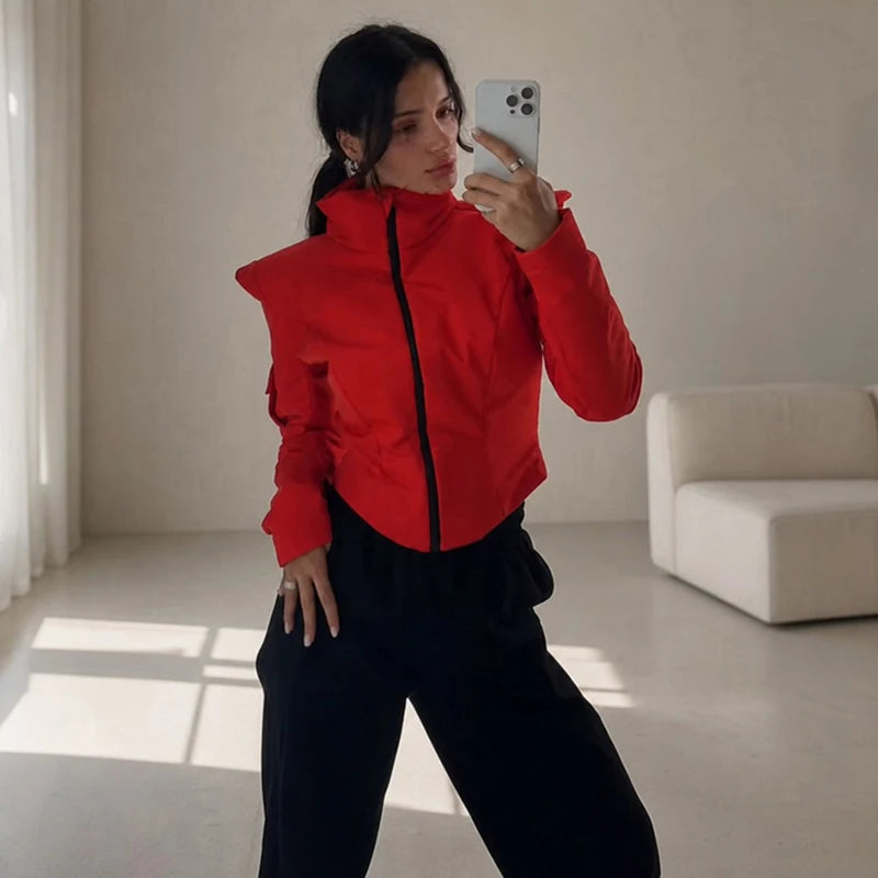 Women Sporty Cropped Padded Jacket Stand Collar Zip‑Up Shoulder Pad Long Sleeve Slim Fit Warm Coat Casual Chic Ladies Outerwear