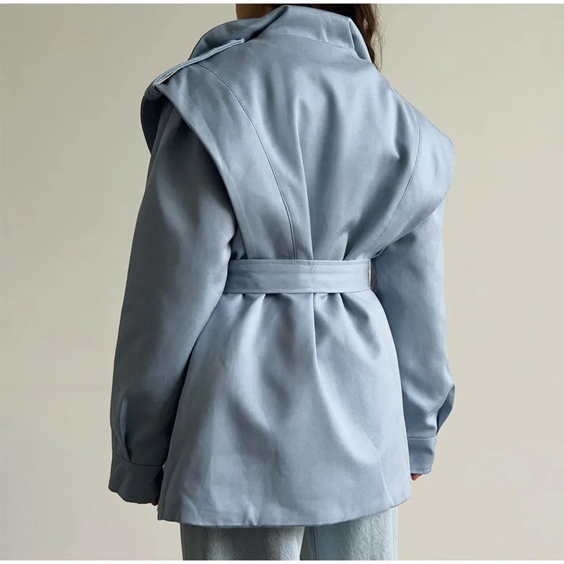 Solid Stand Collar Padded Coat Waist Tie Belt Long Cape Sleeve Button Zipper Loose Women Coats 2026 Autumn Commute Chic Outfit