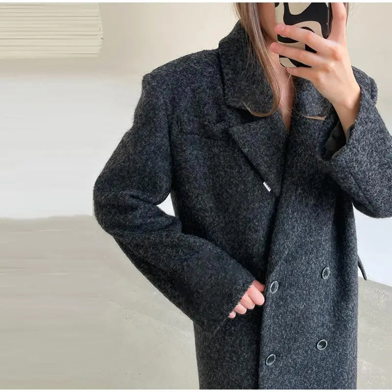 2026 Autumn Winter Solid Women's Woolen Overcoat Urban Long Sleeve Lapel Button Female Outwear Elegant Fashion Lady Overcoats