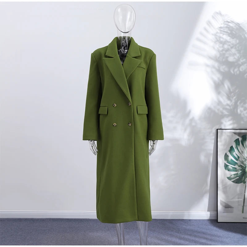 Chic Women's Woolen Overcoat Autumn Winter Solid Lapel Double Breasted Long Sleeve Long Coat 2026 Elegant Lady Street Outwear